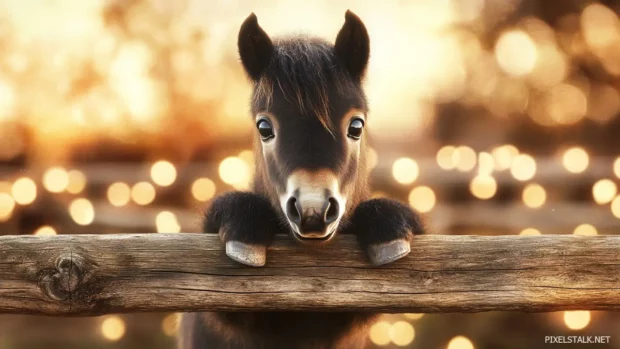 A little brown pony with big round eyes, peeking curiously from behind a wooden fence.