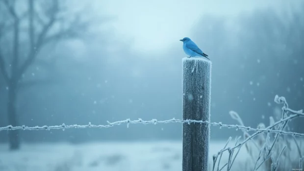 A lone bluebird sitting silently on a frosty fence post, as soft snow begins to fall around it.