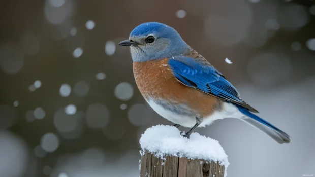 A lone bluebird sitting silently on a frosty fence post, as soft snow begins to fall around it.