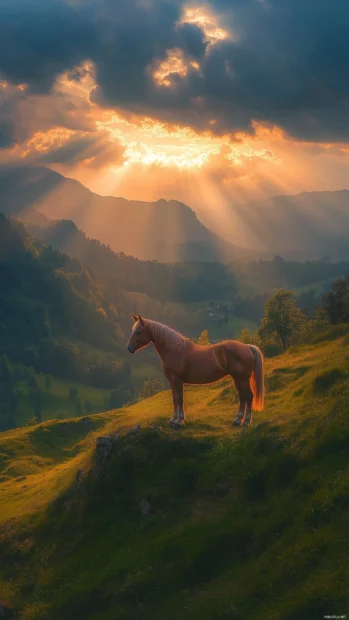 A lone horse silhouetted against the sunrise, standing on a misty hill.