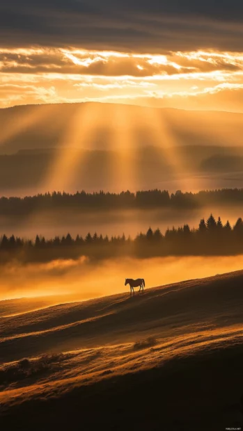 A lone horse standing on a hill at dawn, sunlight breaking through clouds.