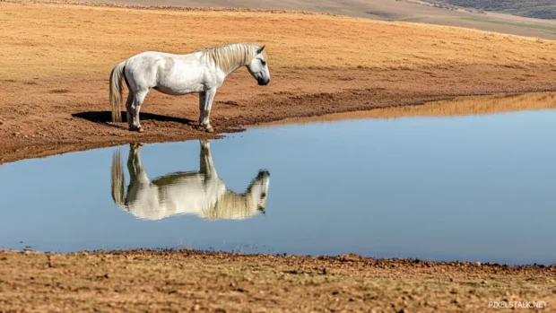 A lone white horse standing at the edge of a calm lake, its reflection perfectly mirrored in the still water.