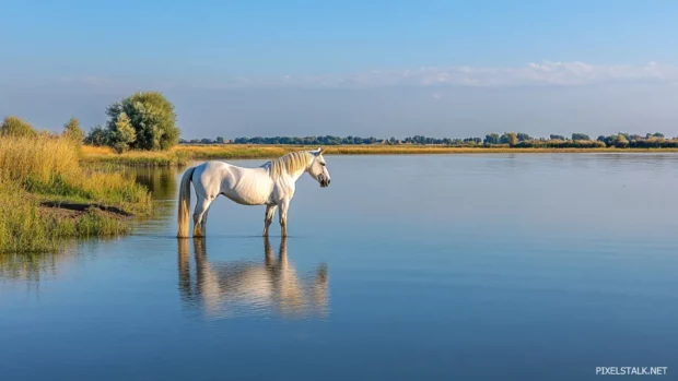 A lone white horse standing at the edge of a calm lake, its reflection perfectly mirrored in the still water.