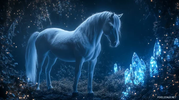 A lone white horse standing at the entrance of a mystical cave, glowing crystals illuminating the darkness around it.