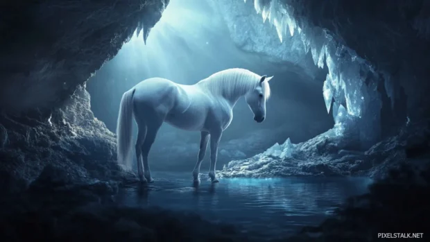 A lone white horse standing at the entrance of a mystical cave, glowing crystals illuminating the darkness around it.