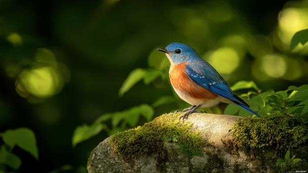 A luminous bluebird perched on a mossy rock in a shaded glade, perfect for a blue bird wallpaper.