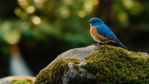 A luminous bluebird perched on a mossy rock in a shaded glade, perfect for a blue bird wallpaper.