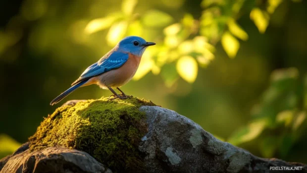 A luminous bluebird perched on a mossy rock in a shaded glade, perfect for a blue bird wallpaper.