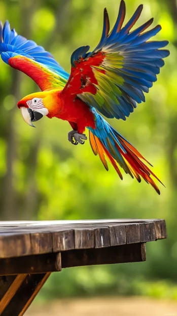 A macaw caught mid landing on a wooden perch in a jungle clearing.