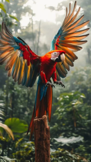 A macaw caught mid landing on a wooden perch in a jungle clearing, perfect for a parrot  wallpaper.