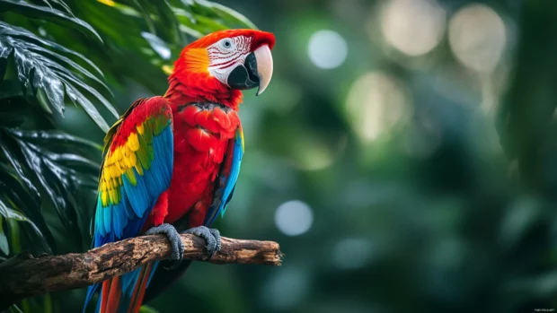 A macaw with dazzling feathers perched among rainforest vines, an explosion of color for bird wallpaper.