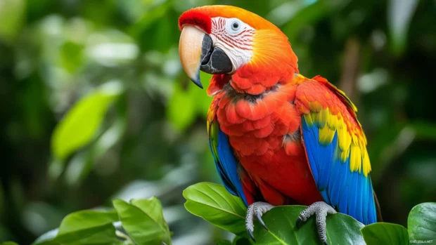 A macaw with dazzling feathers perched among rainforest vines, an explosion of color for bird wallpaper.