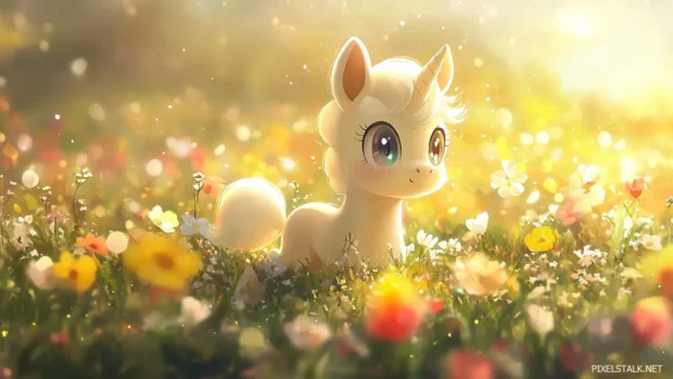 A magical meadow with an anime pony, soft pastel tones, and vibrant flowers.