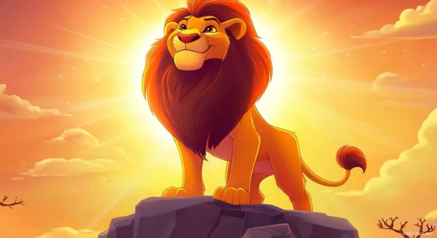 A majestic adult Simba standing atop Pride Rock, golden sunlight illuminating his powerful mane as he looks over his kingdom.