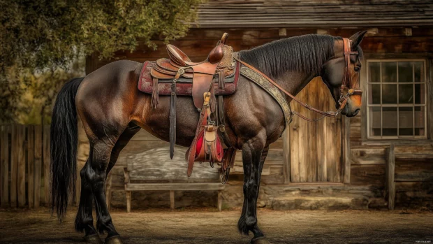 A majestic horse adorned with traditional saddle and gear, standing in front of a historic ranch, evoking the spirit of the old west (2).