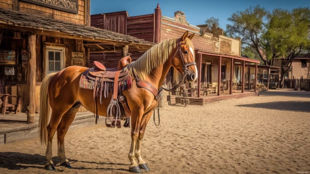 A majestic horse adorned with traditional saddle and gear, standing in front of a historic ranch, evoking the spirit of the old west.