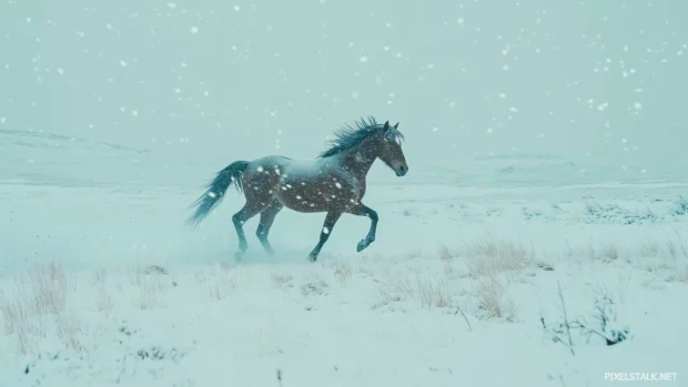 A majestic horse galloping in the snow, creating a serene winter scene.