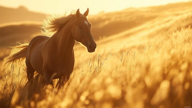 A majestic horse running in a bright meadow, captured in sharp detail.