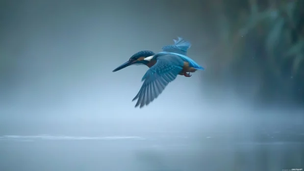 A majestic kingfisher diving through misty air, beak piercing the river surface below.