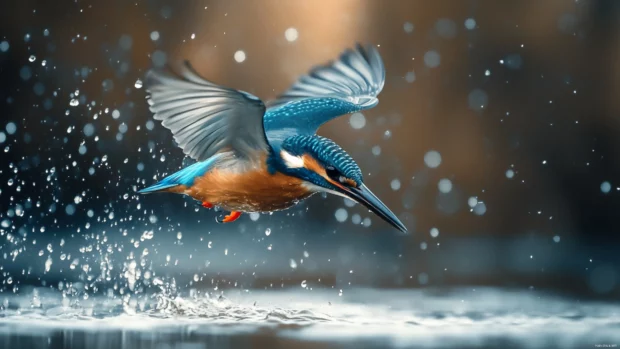A majestic kingfisher diving through misty air, beak piercing the river surface below.
