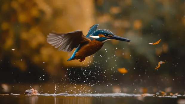 A majestic kingfisher diving through misty air, beak piercing the river surface below.