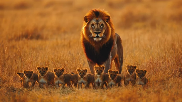A majestic lion standing in the middle of a sunlit savanna, gazing proudly at the next generation of lion cubs .