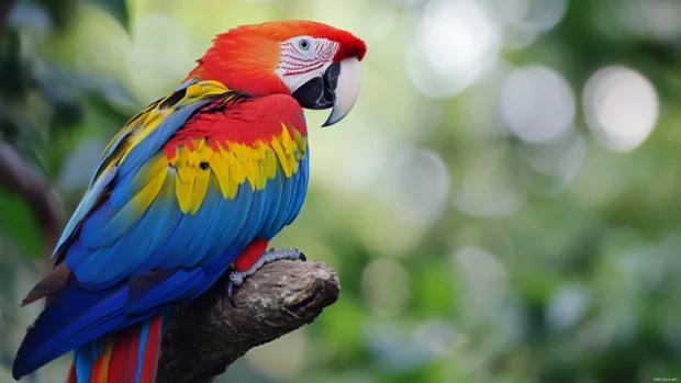 A majestic macaw resting quietly on a rainforest perch, bold and elegant.