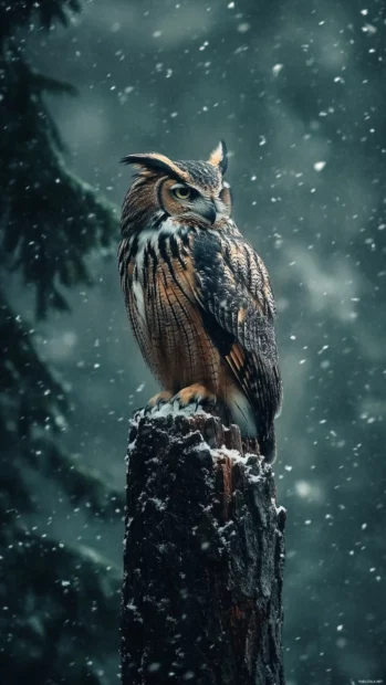 A majestic owl sitting on a tall pine trunk, snow falling softly around its watchful face.