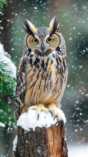 A majestic owl sitting on a tall pine trunk, snow falling softly around its watchful face.