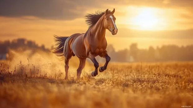 A majestic stallion galloping through a field, mane flowing at golden hour.