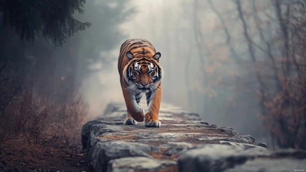 A majestic tiger walking along a rocky path in a misty forest, soft fog in the background.