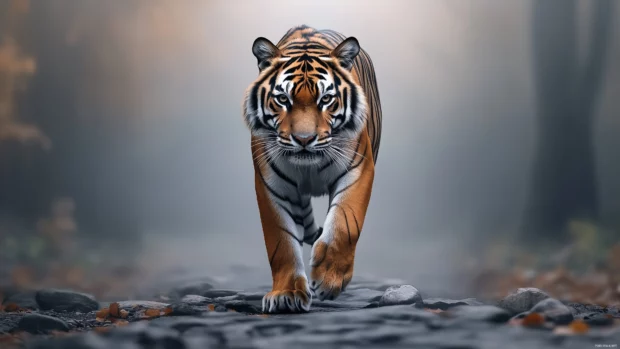 A majestic tiger walking along a rocky path in a misty forest, soft fog in the background, natural earthy tones, focus on the tiger’s powerful stride (3).