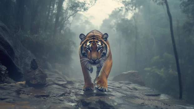 A majestic tiger walking along a rocky path in a misty forest, soft fog in the background, natural earthy tones, focus on the tiger’s powerful stride.