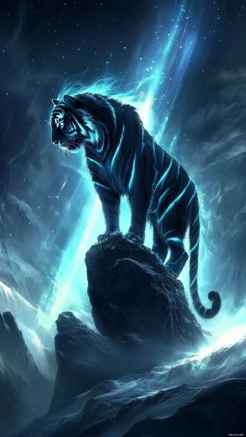 A majestic tiger with glowing blue stripes, standing on a rocky ledge under the aurora borealis.