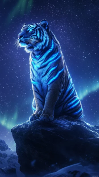 A majestic tiger with glowing blue stripes, standing on a rocky ledge under the aurora borealis.