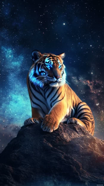 A majestic tiger with glowing blue stripes, standing on a rocky ledge under the aurora borealis, mystical and surreal atmosphere.