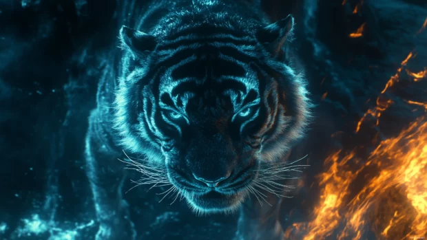 A majestic tiger with glowing cyan and fiery orange flames swirling around it, otherworldly energy radiating from its eyes.