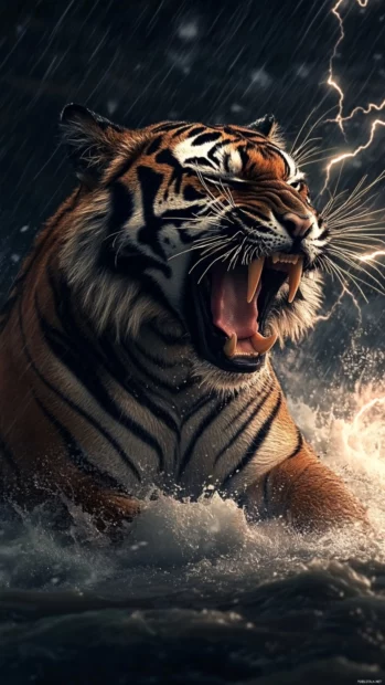 A majestic tiger with lightning crackling around its body, roaring as a storm rages behind it.