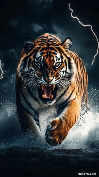 A majestic tiger with lightning crackling around its body, roaring as a storm rages behind it, raw power and energy.