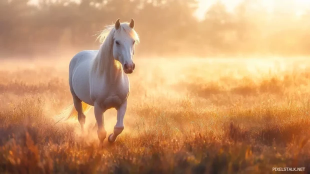 A majestic white horse galloping through a misty meadow at sunrise, golden light reflecting off its silky mane.