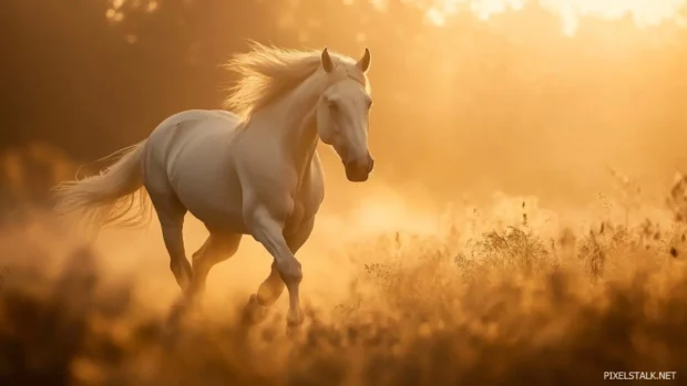 A majestic white horse galloping through a misty meadow at sunrise, golden light reflecting off its silky mane.