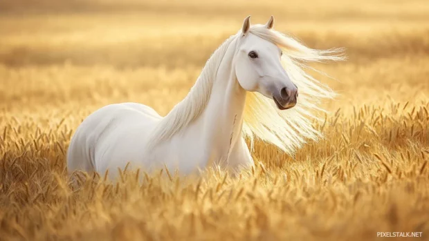 A majestic white horse standing in a golden wheat field, its mane flowing in the wind, under a warm sunset sky.