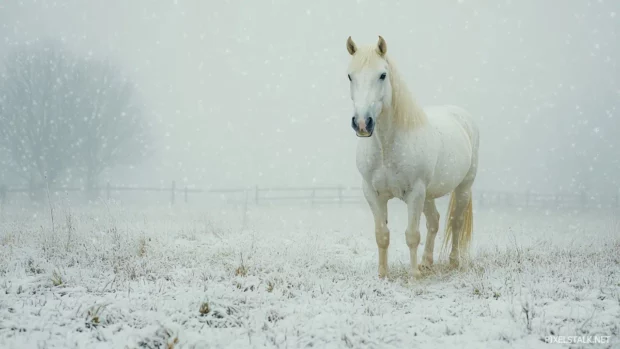 A majestic white horse standing in a snowy field, snowflakes gently falling around, serene and magical winter scene.