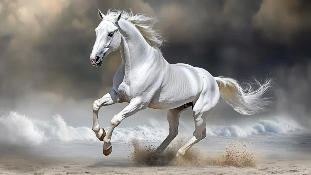 A majestic white stallion running freely across a sandy beach, waves crashing in the background, symbolizing freedom and wild spirit.