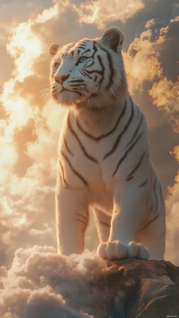A majestic white tiger standing on a misty mountain peak, sunrise illuminating its white fur with soft orange and pink hues, clouds swirling below.