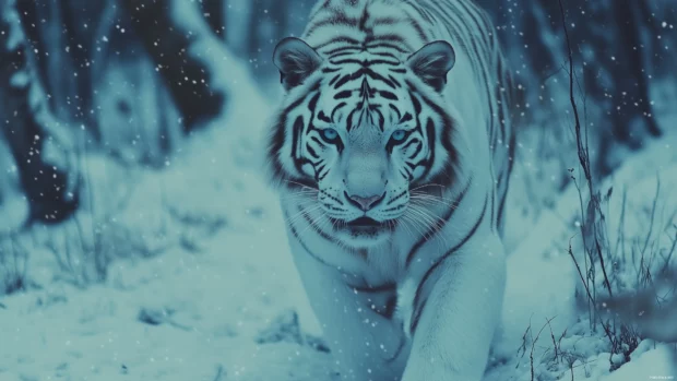A majestic white tiger walking gracefully through a snowy forest, soft snowfall in the background, serene winter landscape.