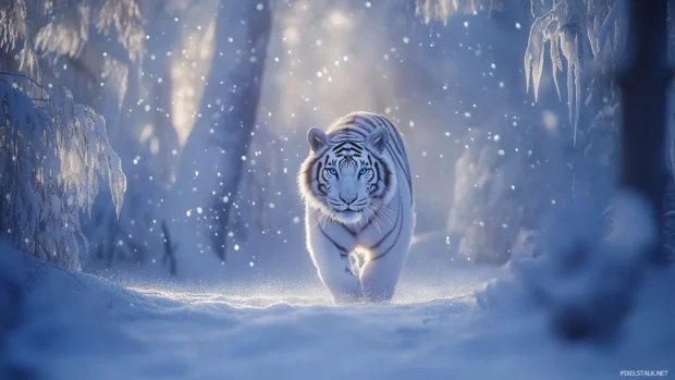 A majestic white tiger walking through snowy forest, soft snowfall, serene winter, icy blue white tones, focus on piercing eyes.