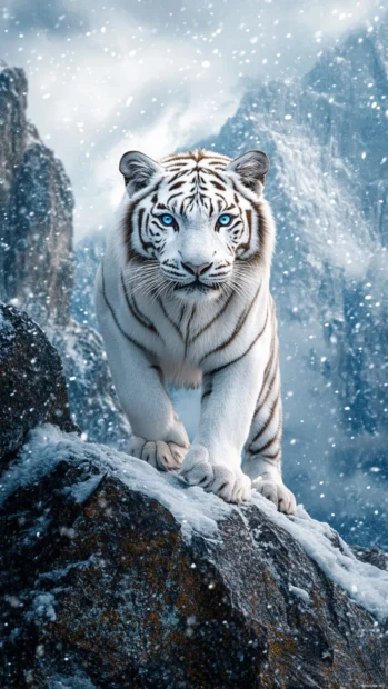 A majestic white tiger with piercing blue eyes, standing on a snowy mountain peak, soft snowfall in the background.