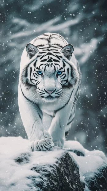 A majestic white tiger with piercing blue eyes, standing on a snowy mountain peak, soft snowfall in the background.