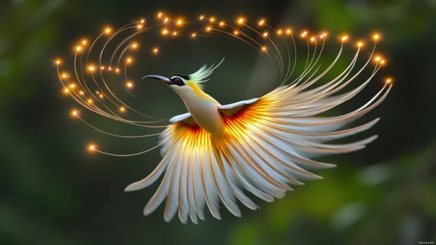 A male paradise bird in full courtship display, glowing iridescent wings forming a perfect circle.